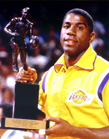 Magic Johnson with NBA MVP Trophy